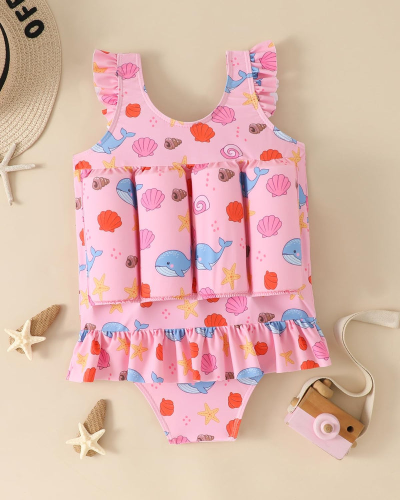 FishingDino Toddler Floatation Swimsuit Girls 1-6T, One Piece Float Suit with Built-in Float, Cute Floating Swim Suit Floatie Pink Whale 4-5T