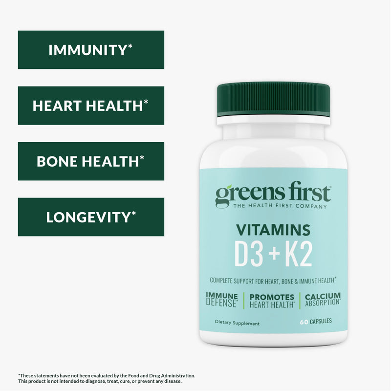 Greens First Vitamins D3+K2, 60 Vegetable Capsules | Support for Heart, Bone, Vascular and Immune Health, Made with Vitamin D3 & Vitamin K2