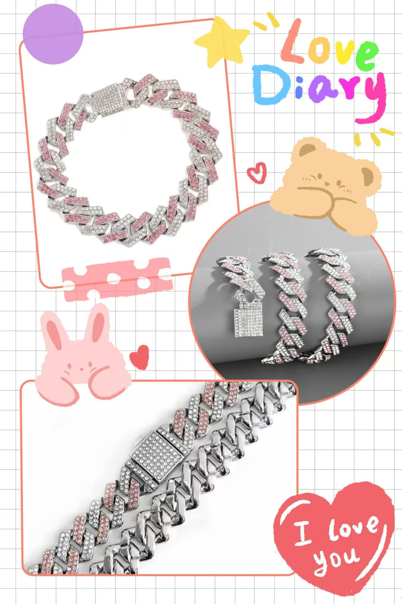 Pink Dog Necklaces for Small Dogs, Diamond Necklace Rhinestone Bling Glitter Metal Choke Cuban Link Dog Collar,Pet Jewelry for Puppy XXS XS Small Medium Large Dogs Cats(Pink 8inch) Pink 8 Inch - BeesActive Australia
