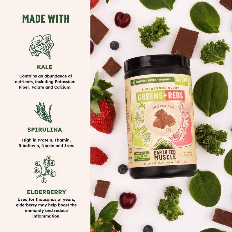 Greens and Reds Superfoods Blend, Chocolate – Kale, Spirulina, Wheatgrass & Elderberry – Antioxidant Support, Vitamins & Probiotics – No Artificial Ingredients – 30 Servings | Kale, Spirulina, Wheatgrass & Elderberry, Antioxidant Support, Vitamins & Pr...