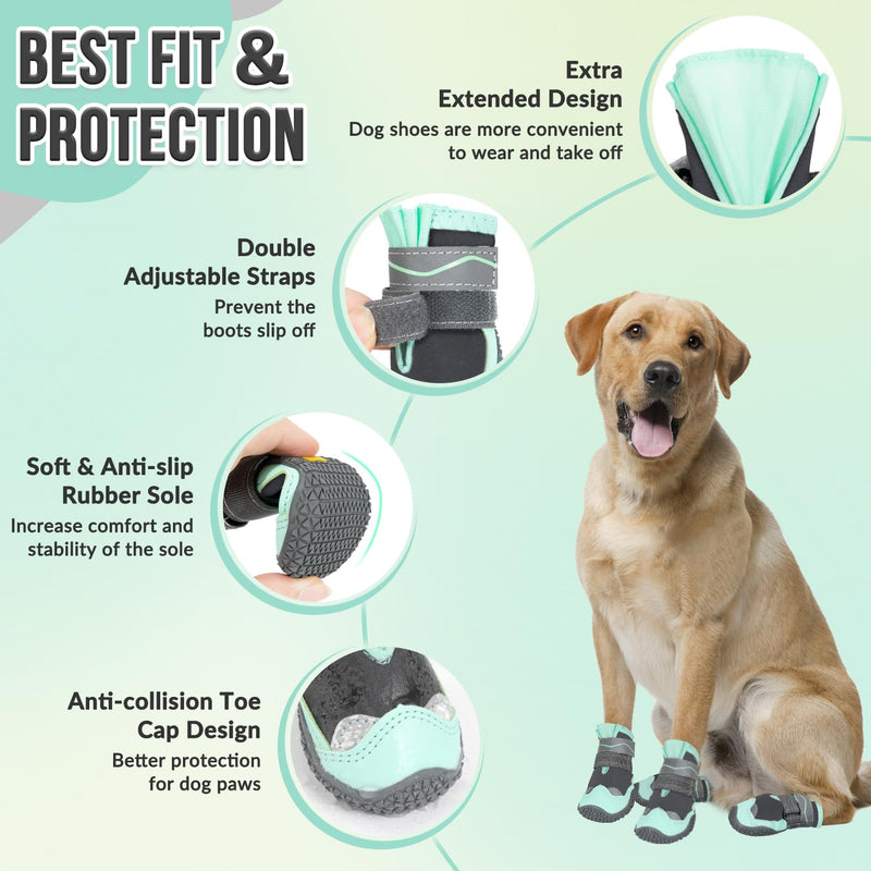 SlowTon Dog Shoes for Large Small Medium Dogs - Waterproof Dog Boots for Summer Hot Pavement, Paw Protector for Outdoor Walking Winter Snow, Anti-Slip Rubber Dog Booties for Hard Floor (Green Gray, 8) D-Green Waterproof #8 (Width 3.0 inch) for 74-91 lbs - BeesActive Australia