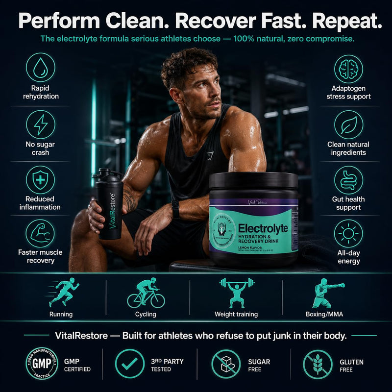 VitalRestore Natural Electrolyte Recovery Powder — with Ashwagandha & L-Glutamine | Sugar Free, No Artificial Sweeteners | Fast Hydration & Muscle Recovery | Lemon Flavor | 28 Servings