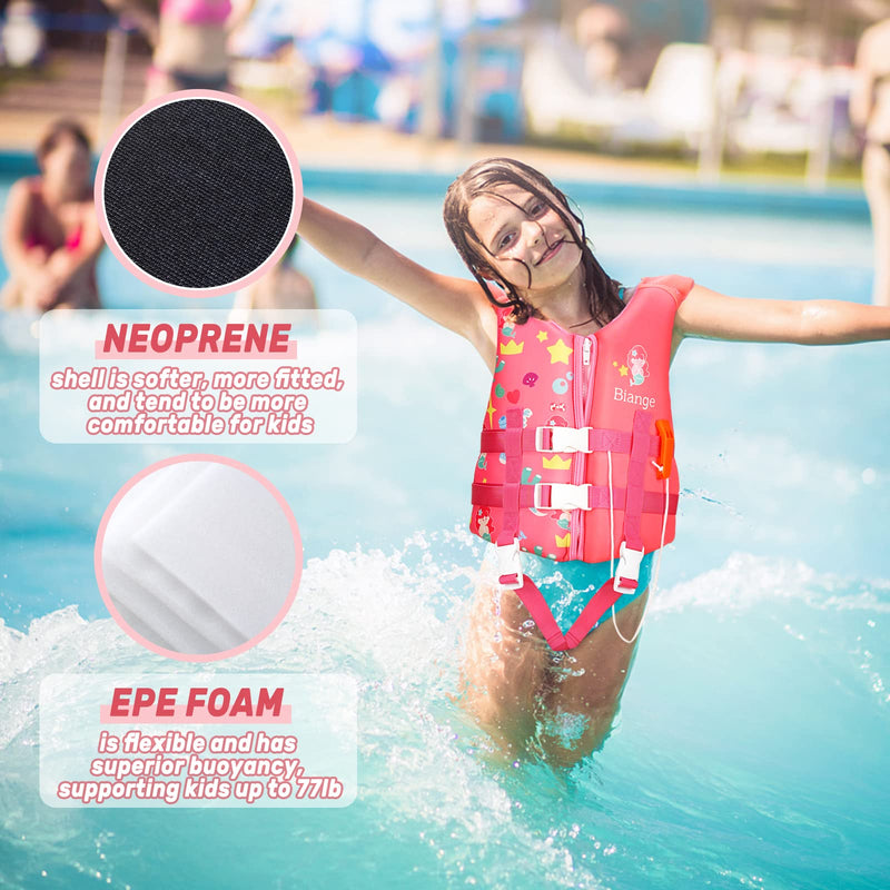 Kids Swim Vest, Child Swimming Jacket Toddler Floaties Swim Float Aid with Emergency Whistle for Boys Girls Ages 1-9 Years Old Pink Mermaid S(1-4Years)