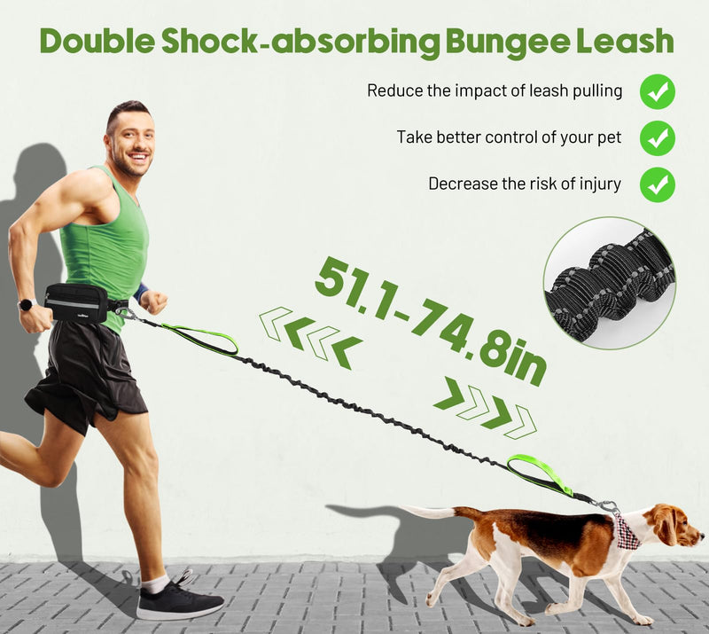 VavoPaw Hands Free Dog Leash with Pouch, Waist Leash for Dog Walking, Jogging, Hiking, Retractable Leashes with Dual Padded Handles, Adjustable Reflective Belt for Small Medium Large Dogs, Black Green 1 Leash