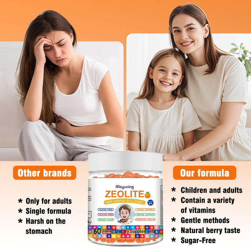 Zeolite for Kids&Adults Supports Cell Restoration,Natural Body Cleanse,Support Digestive Health,Immune System,Improves Focus,Vitamin B12, D3&C, Sugar-Free (60 Count, Orange) 60 Count (Pack of 1)