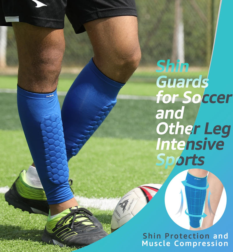 HiRui Soccer Shin Guards Shin Pads for Kids Youth Adult, Calf Compression Sleeve with Honeycomb Pads, Support for Shin Splint Baseball Boxing Kickboxing MTB, Lightweight(1PAIR) Blue Large - BeesActive Australia