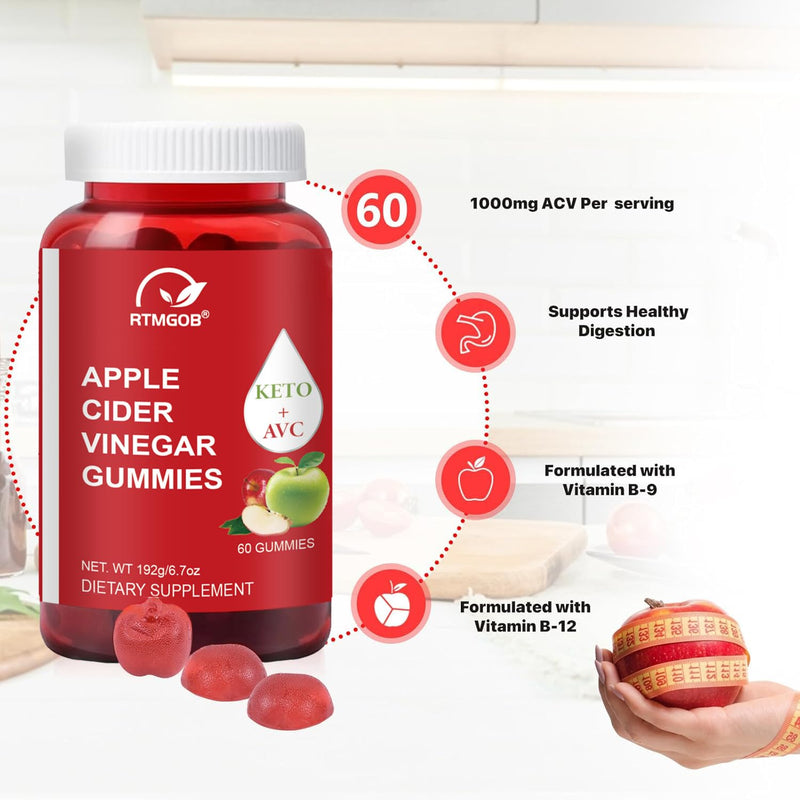 Apple Cider Vinegar Gummy, Vitamin B12, 1000 mg, Apple Flavor, Vegan, Non-GMO, Gluten Free Supplement-60 Gummies