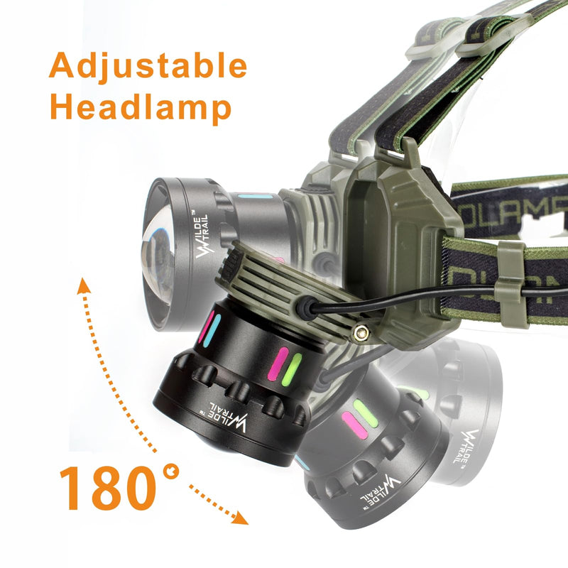 2000 Lumen Rechargeable Headlamp with Wide 180° Adjustment, Zoomable Beam, 4 Light Modes, IPX4 Waterproof Head Light for Camping, Fishing, Running, Cycling, Hiking