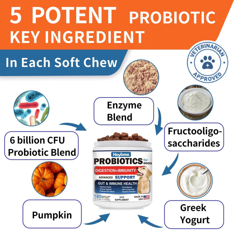Probiotics for Dogs, Improve Yeast Balance, Itchy Skin Itchy Ears, Gut Health, Allergies, Immunity, Dog Probiotics and Digestive Enzymes with Prebiotics - Reduce Diarrhea (180 Chews, Bacon) 180 Chews
