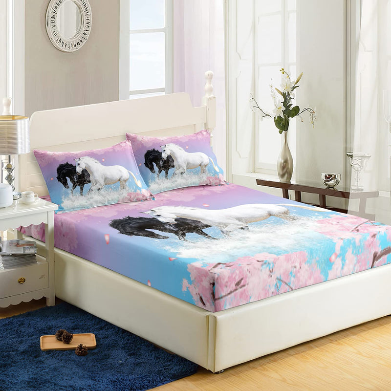 Kids Horse Sheet Set Galloping Horse Printed Fitted Sheet 3PC Cherry Blossoms Petal Bedding Set 3D Wild Animal Bed Cover for Kids Boys Girls Multi1 Twin - BeesActive Australia