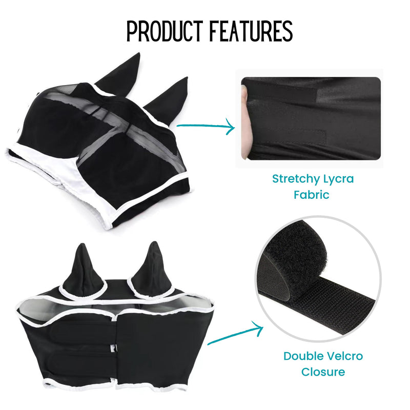 Horse Fly Mask with Ears | UV & Fly Protection | Breathable and Stretchy Lycra Fly Masks for Horses with Double Velcro Closure Black Medium - BeesActive Australia