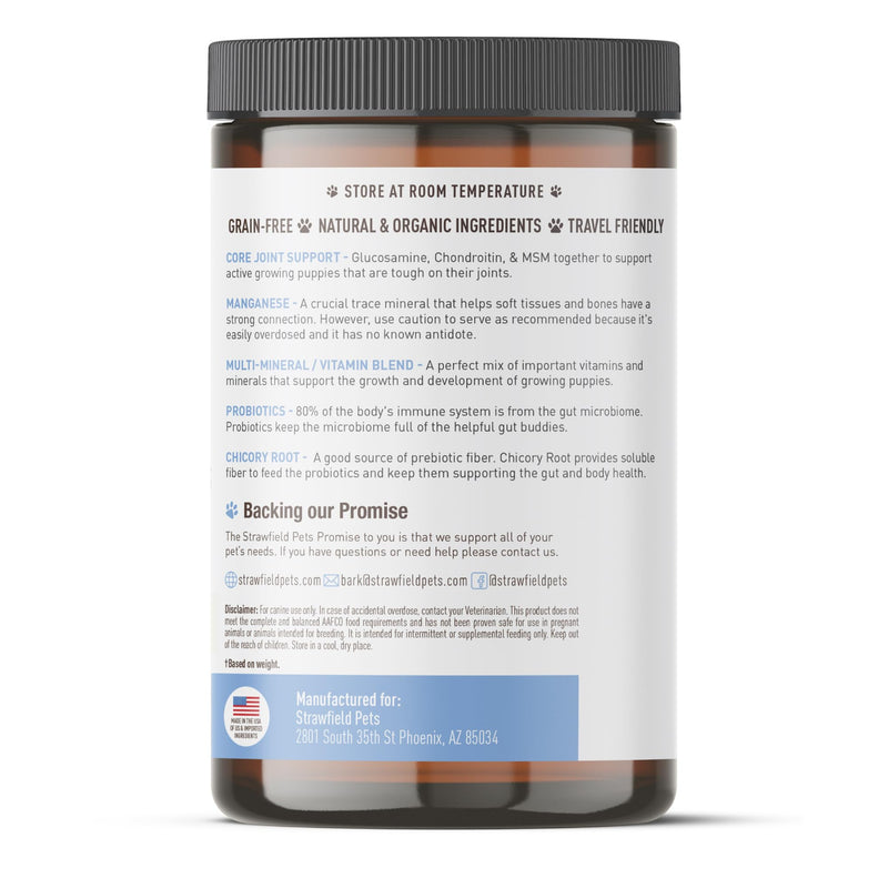 Strawfield Pets Puppy Multivitamin + Probiotics for Dogs Puppy Vitamins with Joint Support Supplement for Dogs & Puppies Peanut Butter Flavor 120 Crumbly Soft Chews Mild Peanut Butter