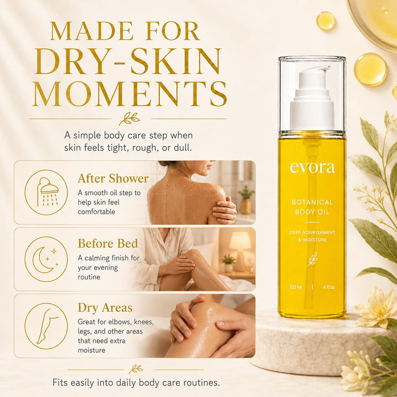TRICK Evora Botanical Body Oil for Crepey Skin & Aging Skin, Firming Body Oil with Wakame Algae, Brazil Nut Oil & Vitamin E, Fast Absorbing Moisturizing Body Oil for Dry Skin, Non-Greasy, 4 Fl Oz