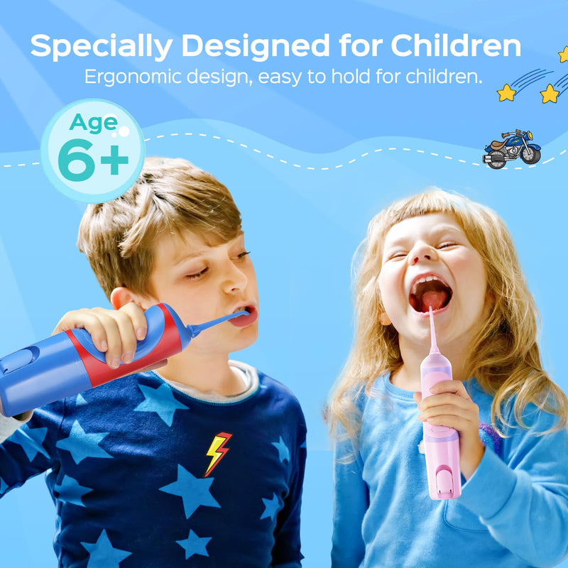 COSLUS C31 Kids Water Dental Flosser Deep Cleaning Picks Portable 4 Modes for Ages 6+ Safe Waterproof Rechargeable with 2 Jet Tips for Gums Care Red Blue