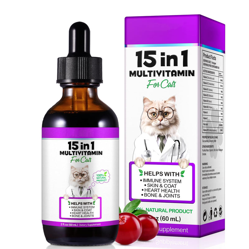 Cat Vitamins,15-in-1 Multivitamins Cat Liquid Supplements - Support Skin & Coat, Heart Health, Bone & Joint, Immune Health, 60ml For Cat