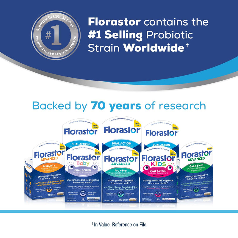 Florastor Advanced Immunity Boost Daily Probiotic & Immune Support Supplement for Women and Men, Saccharomyces Boulardii CNCM I-745 Plus Zinc, Vitamin C & D3 (30 Capsules) (Pack of 2) 30 Count (Pack of 2)