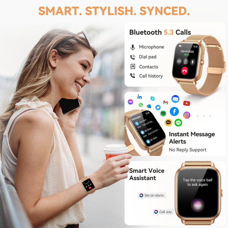 Smart Watch for Women Men- 1000mAh Battery Answer/Make Call, Fitness Step Tracker Watch with Sleep Monitor/Activity Counter/110+ Sport Mode for Andriod iPhone iOS Compatible - 3 Straps, Golden 1.83 Modern - BeesActive Australia