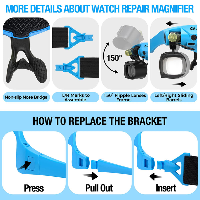 Rechargeable Magnifying Glass with Light 2X-23X,5 Pairs Lens Combos Blue