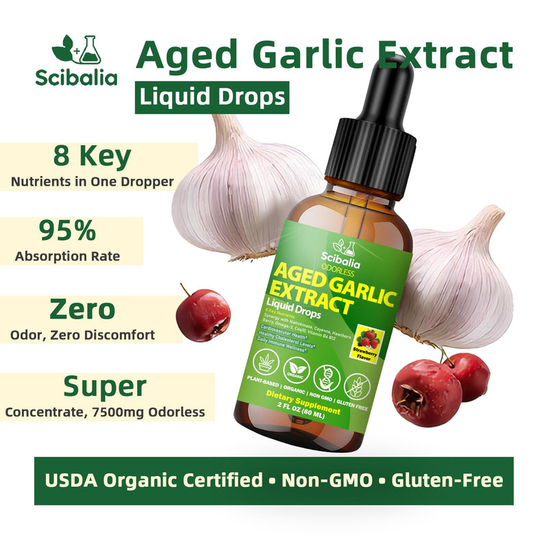 Aged Garlic Extract Liquid Drops, Odorless Garlic Supplement with CoQ10 Cayenne Hawthorn Berry Nattokinase Omega-3 Vitamin B6 & B12 for Heart Immune Health Support, Grown Allium Sativum Bulb