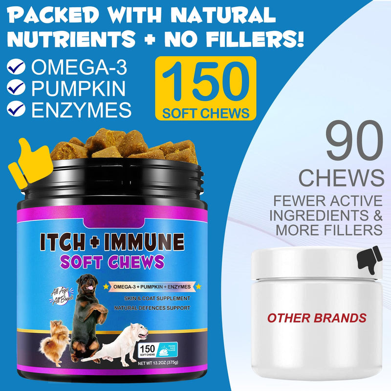 HUALIJIA Dog Allergy Relief Treats(150 Chews), Itch and Immunity Treats for Dogs - Soothe Itchy Skin, Paws, Eyes, Ears - Stop Itching, Licking, Scratching for All Breeds and Sizes, Peking Duck Flavor