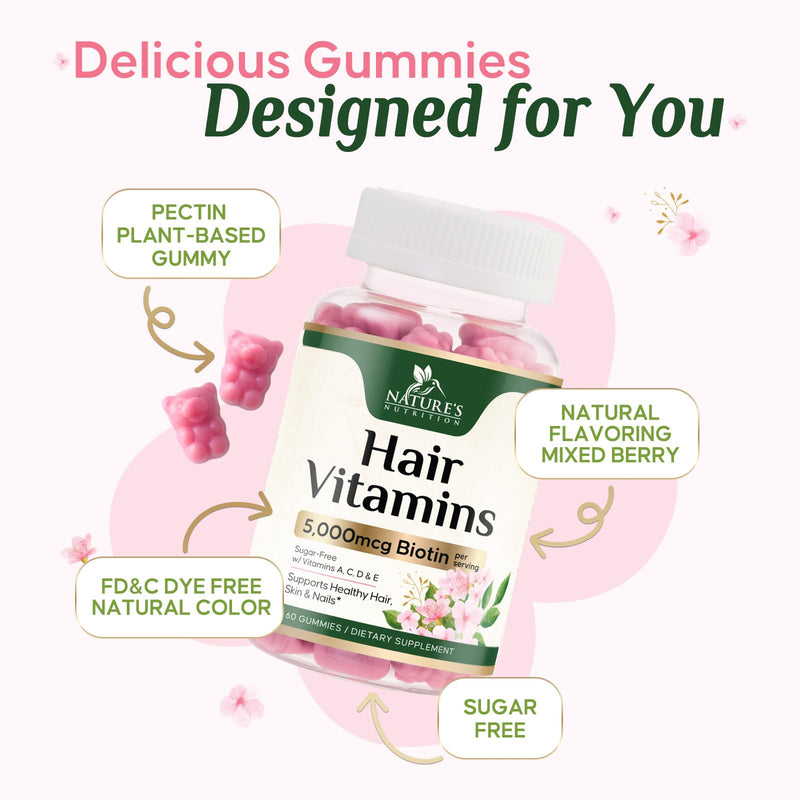 Hair Vitamins Gummies with Biotin 5000 mcg Per Serving - Extra Strength Hair Growth Support Vitamin E & C - Stronger Radiant Hair, Skin & Nails Supplement - Hair Growth Support Gummy - 60 Gummies 60 Count (Pack of 1)