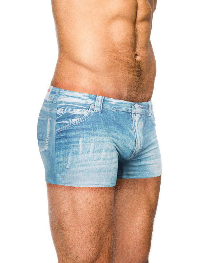 PJ PAUL JONES Men's Swim Trunks Denim Print Beach Swimwear Swimsuit Bikini Briefs XX-Large Light Blue - BeesActive Australia