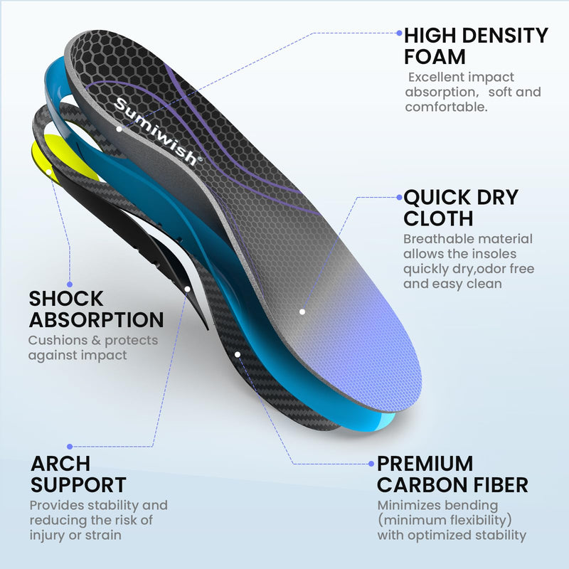Carbon Fiber Insole for Men & Women - Sumiwish（1 Pair） High Arch & Rigid Support Shoe Insert for Women & Men - Rigid Support for Turf Toe, Foot Fractures, Hallux Rigidus - Non-Cleated Shoes Blue L:Women's 10-10.5 / Men's 8-8.5(11.02")(280MM) - BeesActive Australia