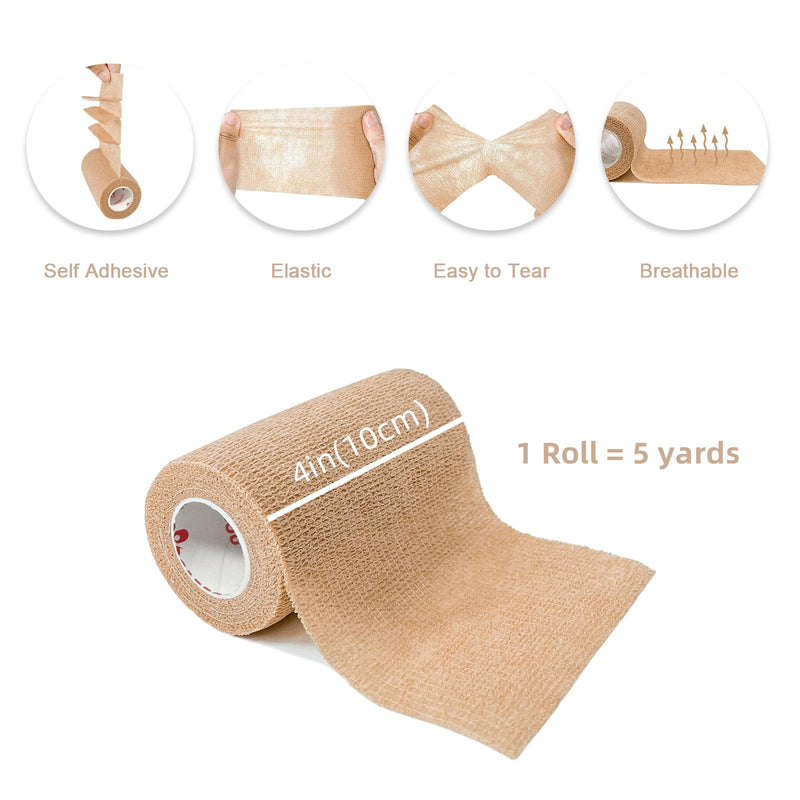 [8 Pack 4" x 5 Yards] Carbou Self Adhesive Cohesive Bandage Wrap, Self Adherant Non-Woven Wrap Rolls, Atheletic Tape for Wrist, Ankle, Hand, Leg, Premium-Grade Medical Stretch Wrap Beige - BeesActive Australia
