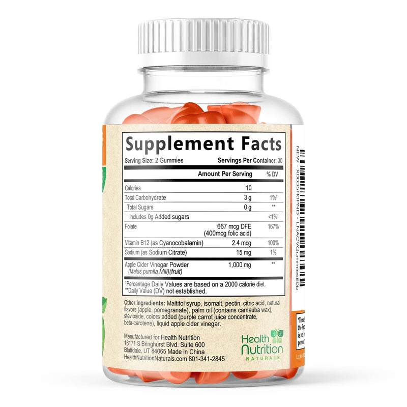 Apple Cider Vinegar Gummies Zero Sugar - Max Strength ACV Gummy Vitamins - Vitamin B12 & The Mother - Metabolism & Energy Support - Vegan Apple Cider Vinegar Gummy Supplement - Non-GMO - 60 Gummies 60 Count (Pack of 1)
