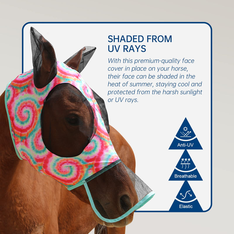 Ultra Lightweight UV-proof Full Visibility Stretchy Horse Fly Mask Long Nose with Ears-Rainbow Circle (L; Full Size) Full (Large) Rainbow Circle - BeesActive Australia