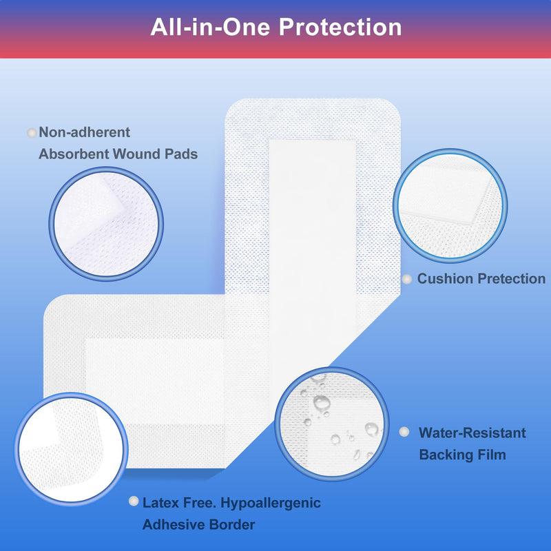 Niceful 25Pcs Island Dressing Bordered Gauze 4"x10", Water-Resistant Large Adhesive Bandages, Absorbent Wound Dressing Pads Bandages Large Wound Care 4"x10"(25 Pcs)