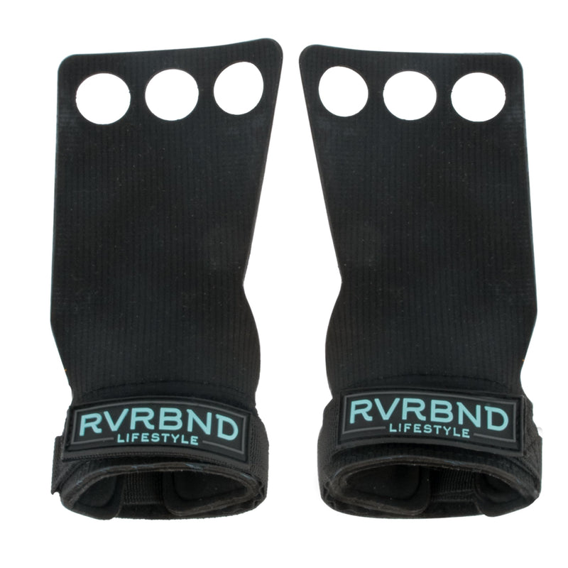 RVRBND Lifestyle 3 Hole Rubber Carbon Hand Grips for Crossfit, Gymnastics, Lifting, Pull Up with Velcro Wrist Strap & Foam Pad, Smooth Hand Protection Large