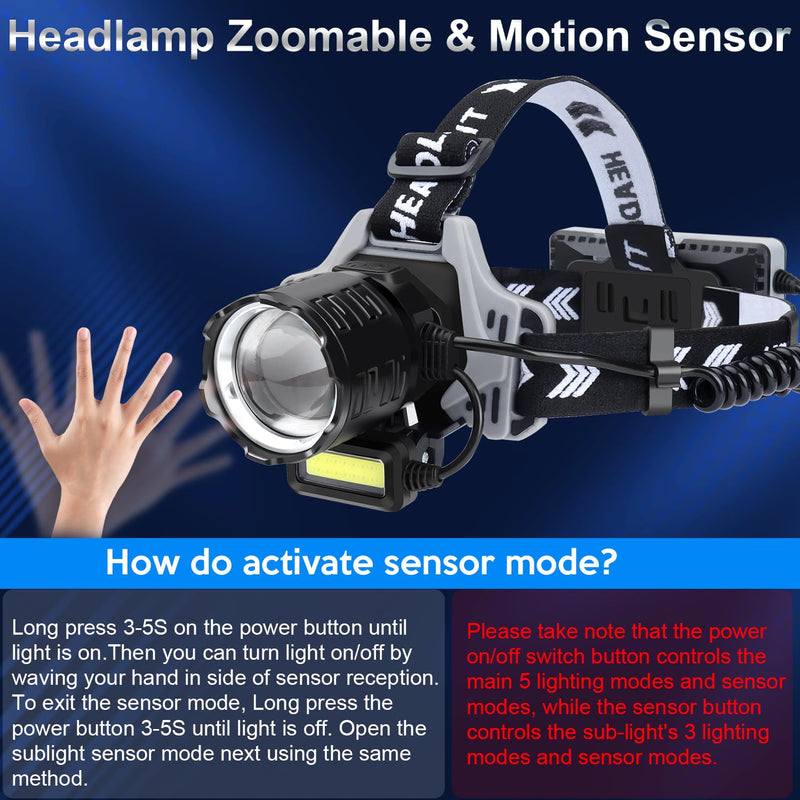 Bud K Rechargeable LED Headlamp, 1200 Lumens Super Bright Headlamp Flashlight with Motion Sensor, 8 Modes, 135°Adjustable, IPX7 Waterproof Head Lamp for Camping, Running, Climbing, Hiking Black