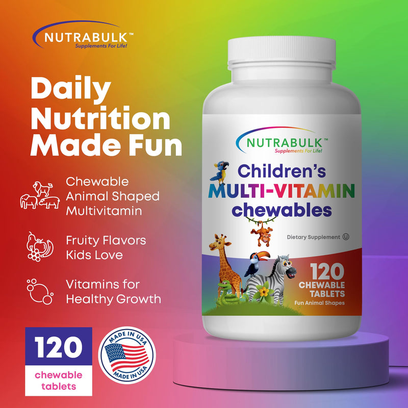 NutraBulk Children’s Chewable Multi-Vitamins - Promoting Kids' Overall Development - USA-Made, May Help to Support Immune, Bone, Brain & Overall Well Being- Vegan & Gluten Free - 120 Cherry Tablets | Fun Animal Shapes & Fruity Flavors, No Artificial Dy...