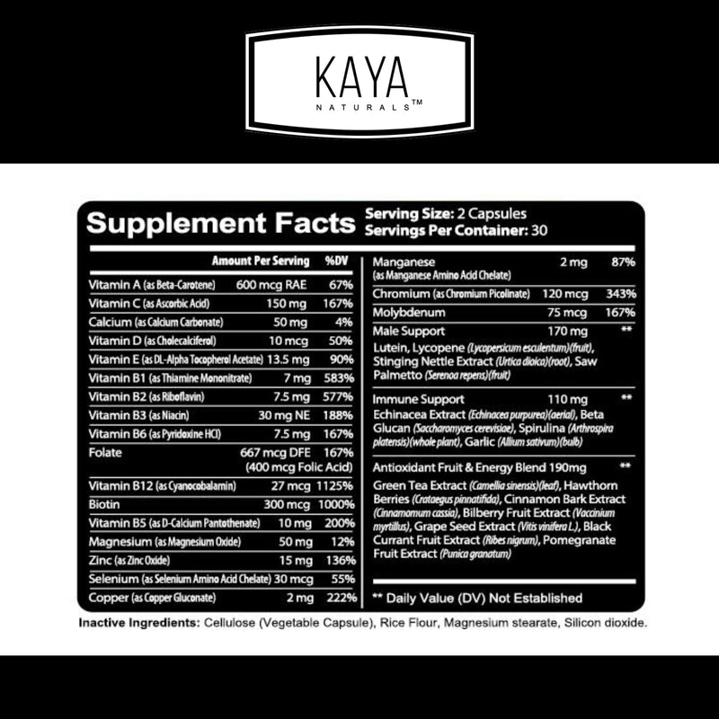 Kaya Naturals Multivitamin for Men - Men's Prostate Multivitamin - Multi Mineral Daily Supplement - Pills for Men - Supports Healthy Prostate - Vitaminas para Hombres - 60 Veggie Capsules (Pack of 2) 60 Count (Pack of 2)