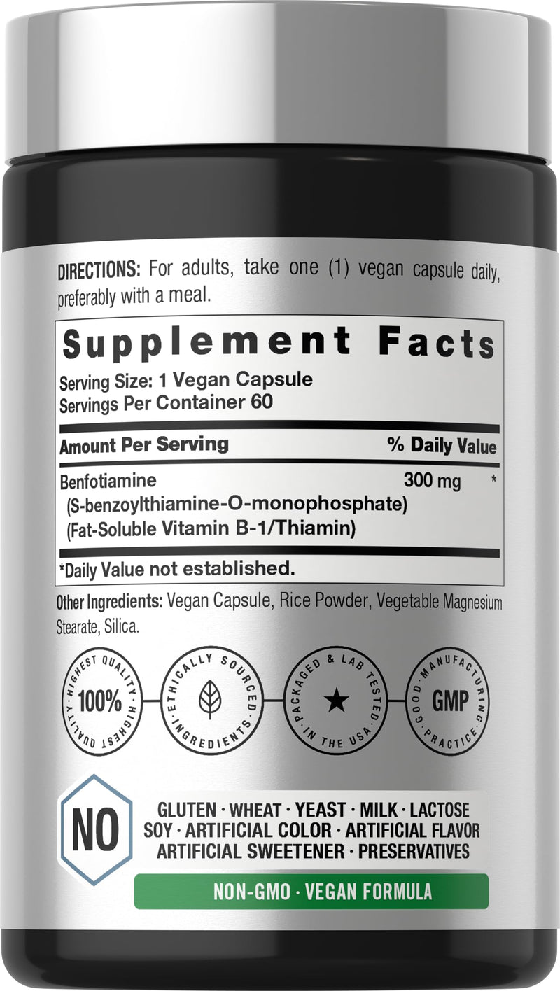 Horbaach Benfotiamine 300mg | 60 Capsules | Vitamin B1 Thiamine | Non-GMO & Gluten Free Supplement