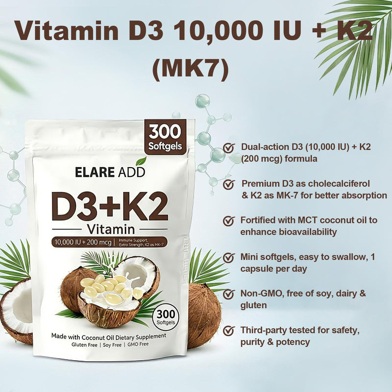 Vitamin D3 K2 10,000 IU MK-7 200 mcg D3 and K2 Supplements with Coconut Oil | 300 Softgels, 2-in-1 Vitamins D & K Complex, Extra Strength, Easy to Swallow, Non-GMO, Gluten Free