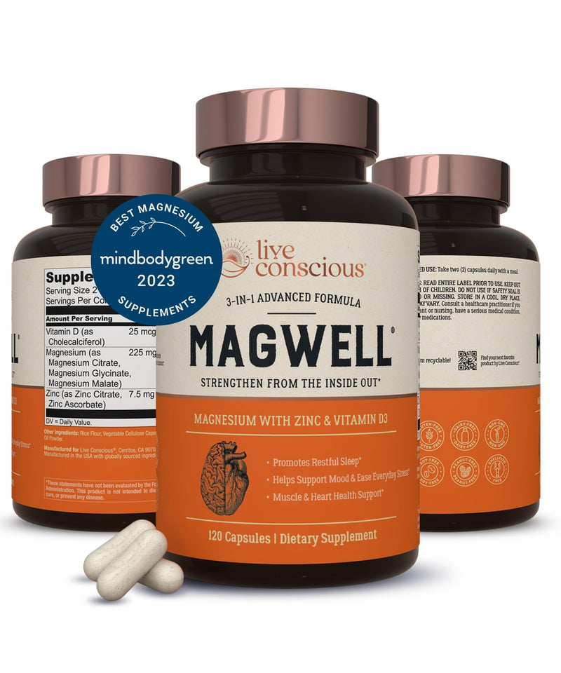 Live Conscious Magnesium Zinc & Vitamin D3 - Bioavailable Forms of Magnesium - Malate, Glycinate, Citrate - MagWell Bone & Heart Health, Immune System Support - 120 Capsules (2-Pack) 120 Count (Pack of 2)