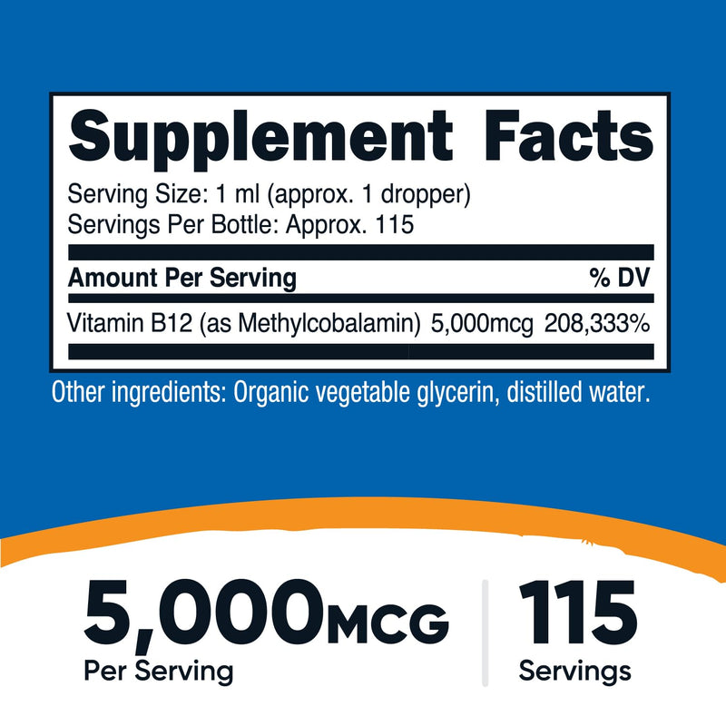 Nutricost Organic Vitamin B12 (Methylcobalamin) Liquid Drops (5,000mcg) | 3.8 Fl. Oz, USDA Organic, OTCO Certified, Vegetarian-Friendly, GMO-Free, Gluten-Free, 115 Servings