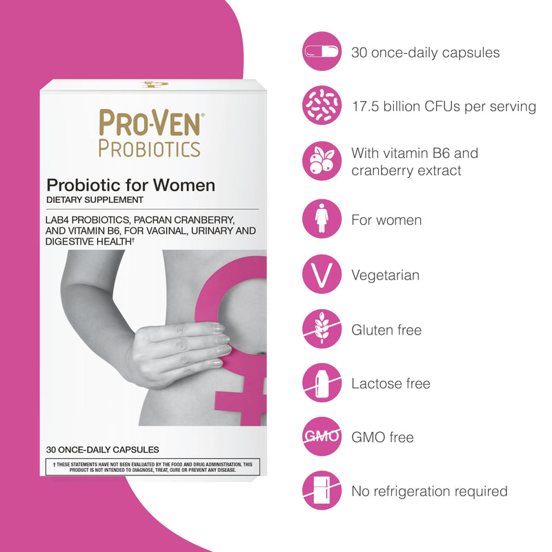 Pro-Ven Probiotics for Women | 17.5 Billion CFU | Vaginal, Urinary Tract & Digestive Health | Lactobacillus Acidophilus, Cranberry & Vitamin B6 | 30 Capsules | Vegetarian, Gluten Free & Lactose Free