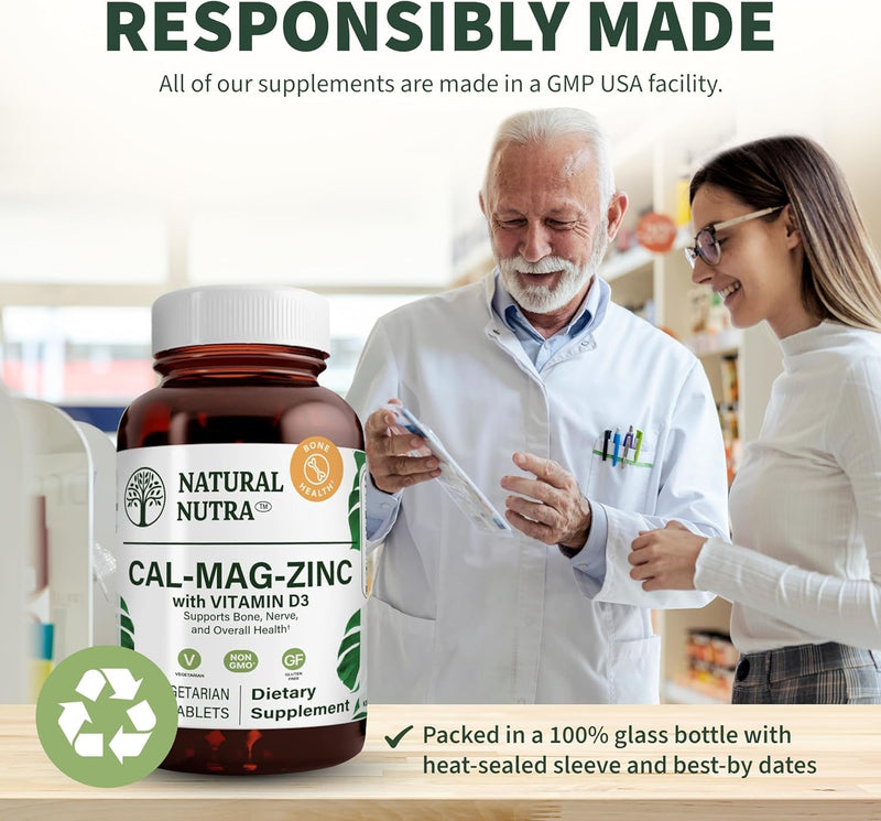 Natural Nutra Calcium Magnesium Zinc (Cal-Mag Zinc) with Vitamin D3,100 | Bone, Teeth, Muscle & Nerve Support, Gluten Free, Sugar Free 100 Count (Pack of 1)