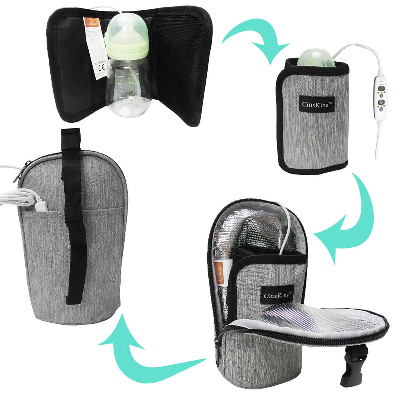 Bottle Warmer For Baby Milk USB Portable Bottle Heating Bag Car Bottle Warmer Water Warming Bag On The Go Bottle Warmer At Home Or Travel (grey) grey - BeesActive Australia
