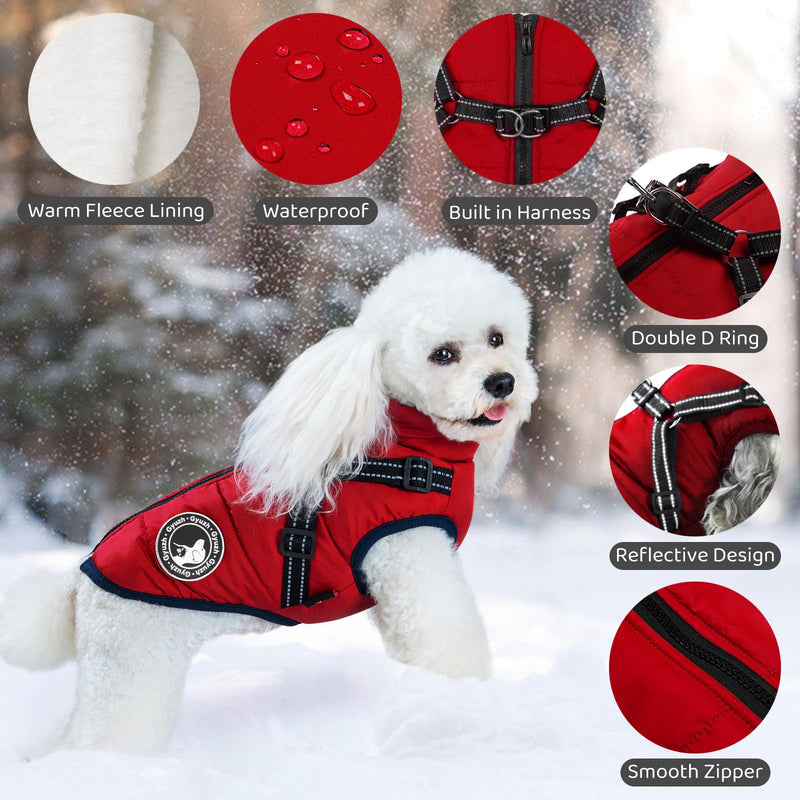 Gyuzh Dog Coat with Harness Winter Dog Coat Fleece Dog Jacket Waterproof Dog Coat Zipper Dog Jacket Puppy Coat Small Dog Clothes Dog Coat with Reflective Harness for Smal Medium Large Dogs red - BeesActive Australia
