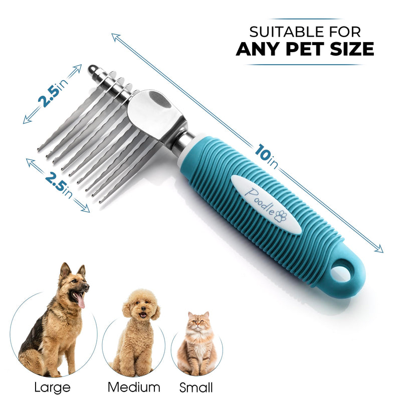 Poodle Pet Dematting Fur Rake Comb Brush Tool - Dog and Cat Comb with Long 2.5 Inches Steel Safety Blades for Detangling Matted or Knotted Undercoat Hair (Blue, Dematting Comb) Blue - BeesActive Australia