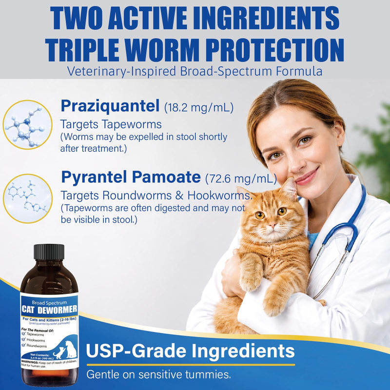 Broad Spectrum Cat Dewormer Liquid for Cats & Kittens (2–16 lbs) – Praziquantel & Pyrantel Pamoate Oral Suspension for Tapeworms, Roundworms & Hookworms, 100 mL with Oral Syringe