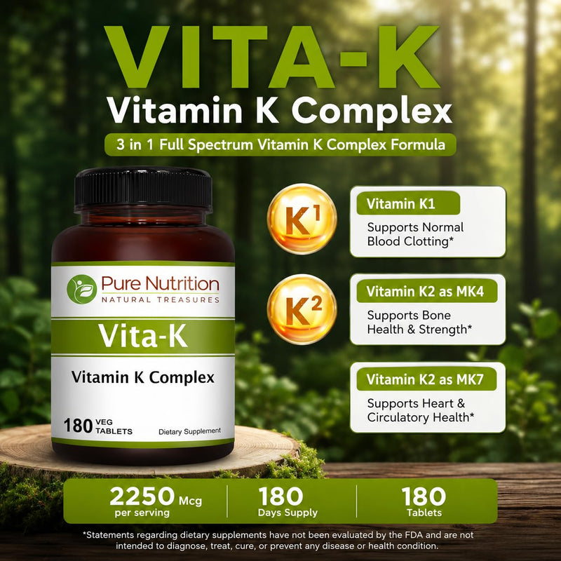 Pure Nutrition Vitamin K Complex K1 + K2 | 2250 mcg | 180 Tab | Full Spectrum K Vitamin Supplement with K1 1000mcg | Non GMO | Gluten Free 180 Count (Pack of 1)