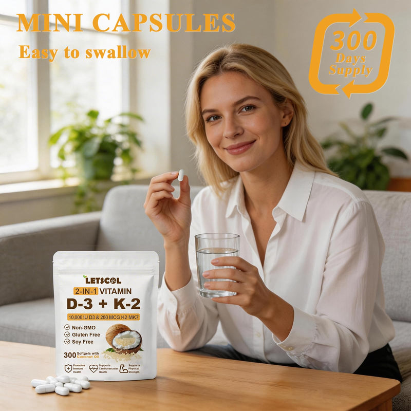 2-in-1 Vitamin D3 K2 Supplement Capsules, Vitamin D3 10000 IU and Vitamin K2 200 mcg, K2 MK7 with D3 Vitamin Supplement Support Immune, Heart, Teeth Health 300 Count (Pack of 1) 10,000 IU D3 & 200MCG K2 Capsules