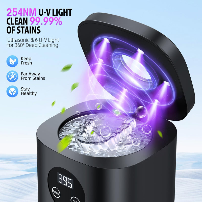 TEBAL Ultrasonic Retainer Cleaner Machine, 52kHz Ultrasonic Denture Cleaner for Mouth Guards, Braces, Toothbrush Heads, Jewelry, Dental Ultrasonic Cleaner with 250ML Capacity & Cleaning Brush, Black