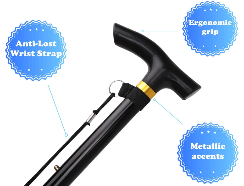 Folding Lightweight Walking Stick - Adjustable Aluminum Metal Collapsible Travel Cane with Non-Slip Rubber Base Black