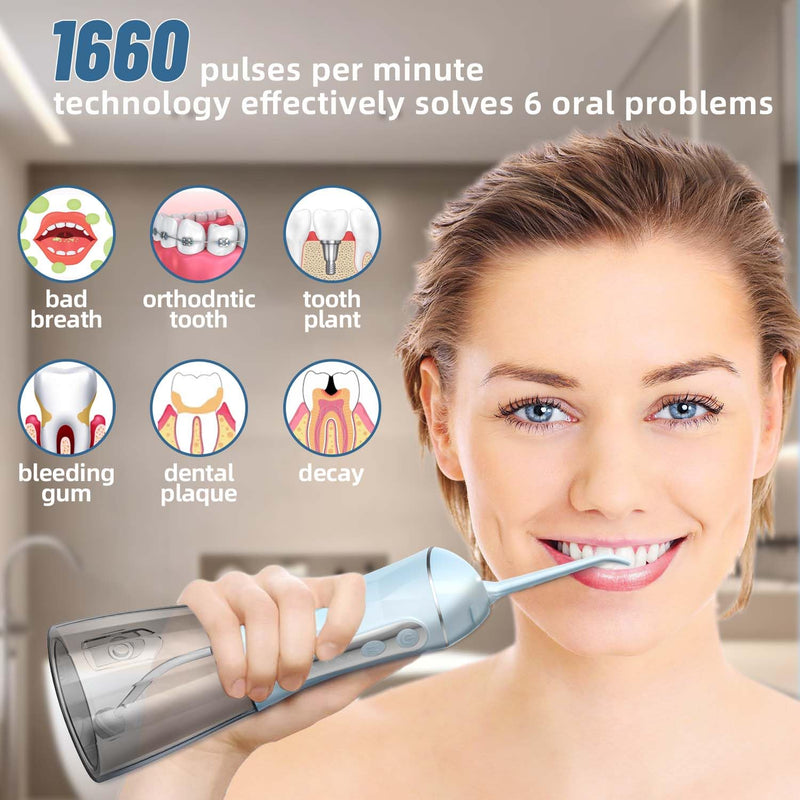 Water Dental Flosser Pick for Teeth Portable Oral Irrigator Rechargeable Travel Irrigation Cleaner 320ML Electric Flossing, IPX8 Waterproof, Waterproof Flossing Cleaning Picks for Home Travel (Blue) Blue